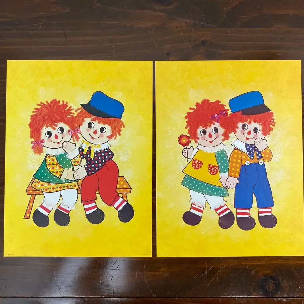Two Vintage 70s Raggedy Ann & Andy Lithographs Nostalgic Nursery Wall Art MCM